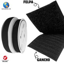 Rollo de 25 metros de Velcro Original VELCRO® Brand en color negro, con ilustraciones que señalan la parte de la felpa (loop) y la parte del gancho (hook), destacando su diseño de dos componentes.