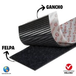 Rollo de cinta de Velcro Original VELCRO® Brand color negro con adhesivo, mostrando la parte del gancho (hook) y la felpa (loop) separándose, ideal para diversas fijaciones.
