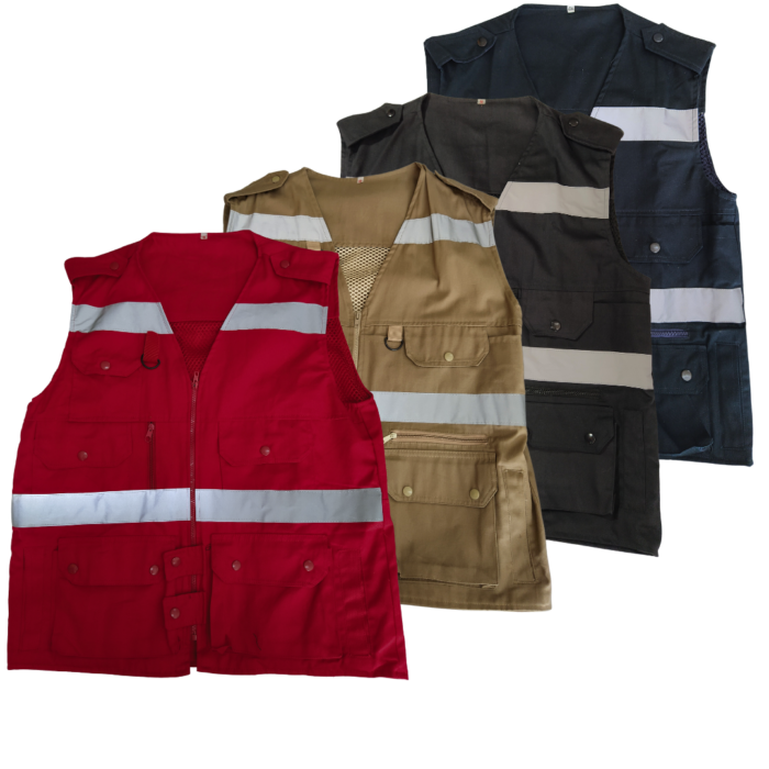 Chaleco Cazador, tela resistente y malla transpirable, disponible en rojo, beige, negro y azul marino.