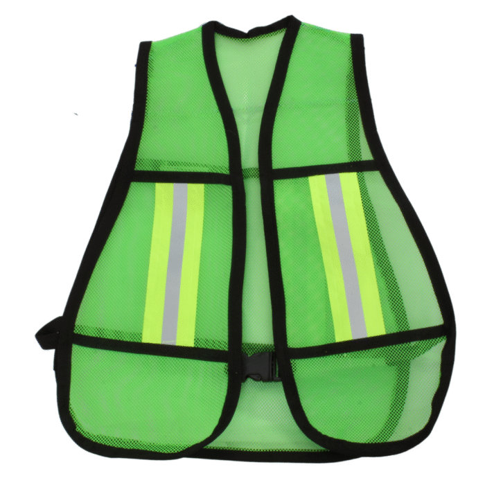 Chaleco de Malla Infantil verde de seguridad con bandas reflejantes, diseñado para la visibilidad y protección de niños durante actividades escolares o recreativas.