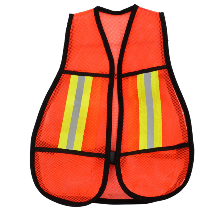 Chaleco de Malla Infantil naranja con cintas reflejantes amarillas y grises, brindando seguridad y alta visibilidad para niños en zonas de tráfico o emergencias.