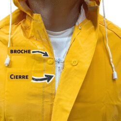 Primer plano de la parte frontal de un impermeable amarillo, mostrando el cierre (cremallera) interior y los broches exteriores para doble seguridad contra la entrada de agua.
