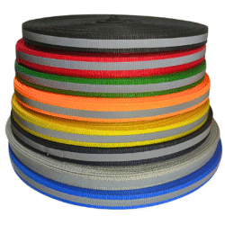 Cinta popotillo textil con reflejante de 10 mm en colores variados.